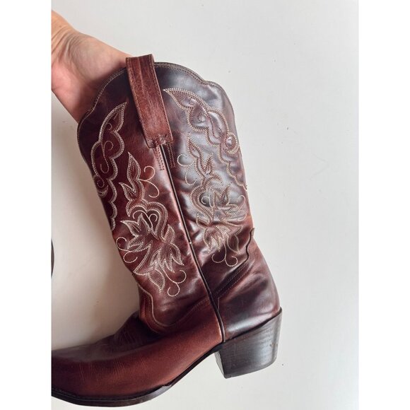 OAK TREE FARMS Dark Brown Embroidered Leather Cowboy Boots, Size 9.5 - Picture 6 of 16
